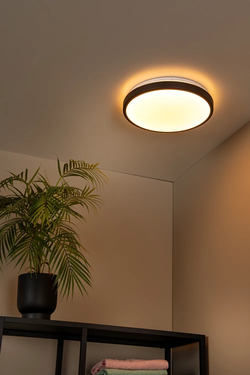 Lucide DASHER - Flush ceiling light Bathroom - Ø 34,8 cm - LED - 1x18W 2700K - IP44 - Motion & Day/Night Sensor - Black - atmosphere 1
